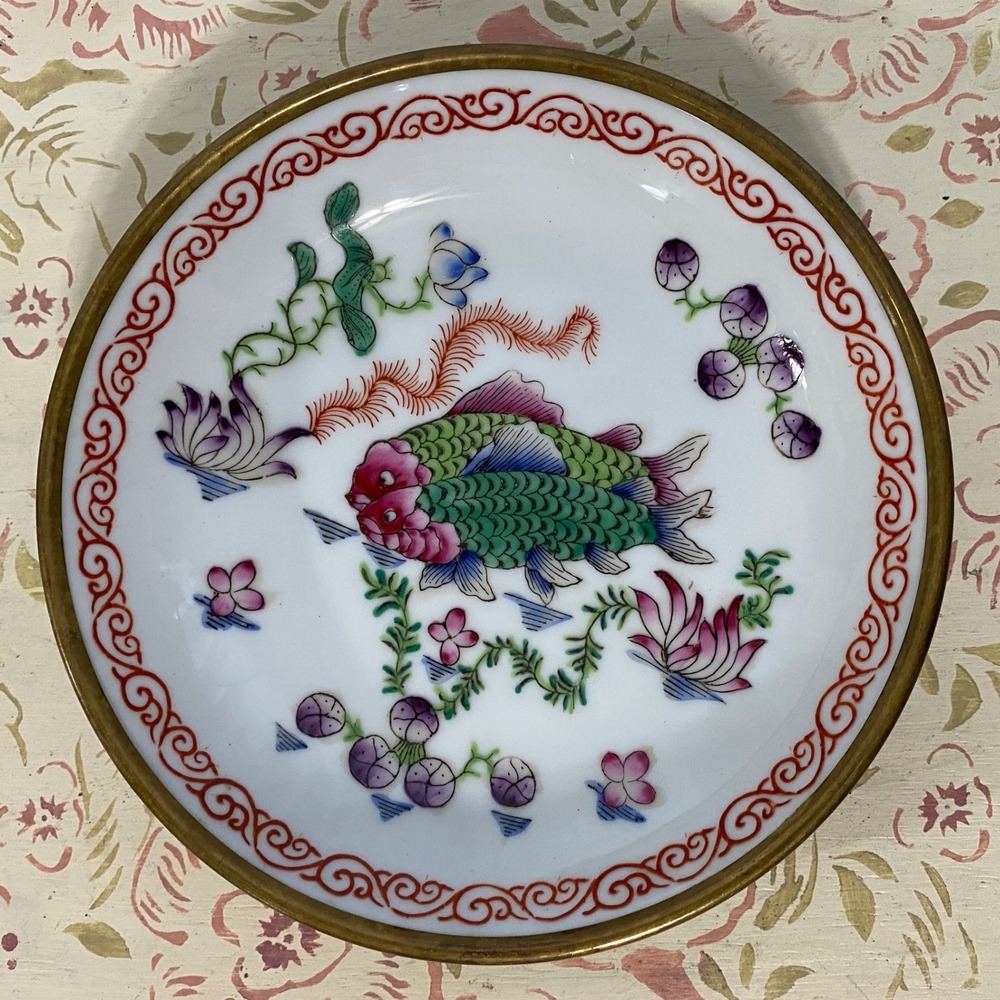 Vintage Horchow Japanese Porcelain Brass Encased Koi Bowl Hand Decorated HK MCM